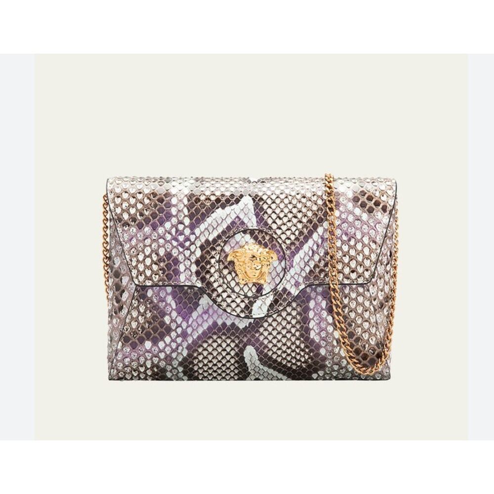 VERSACE La Medusa Python Envelope Clutch Bag Gold Chain Irredescent Grey